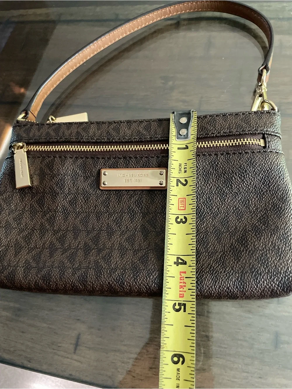 Michael Kors Brown and Gold Logo Zip Wristlet